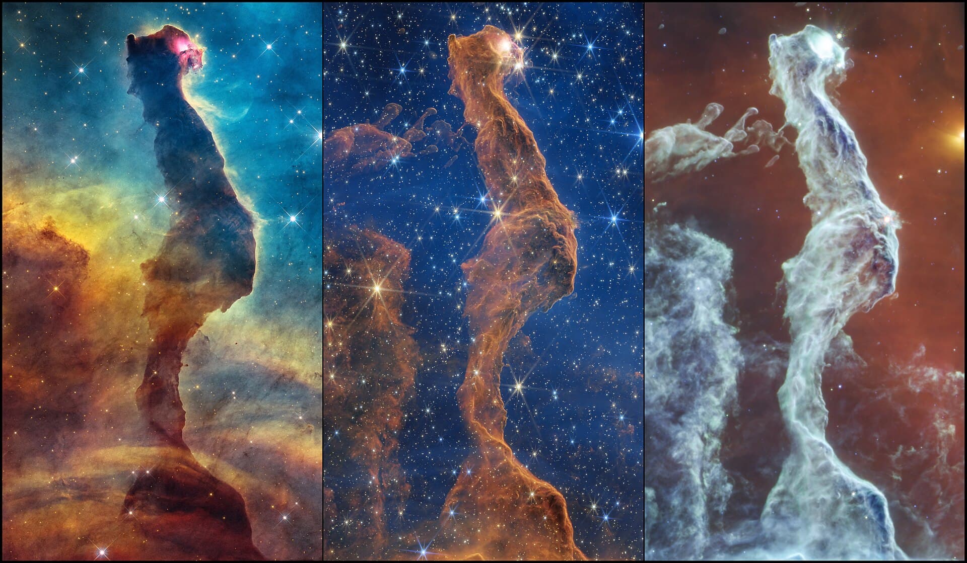 Hmlovina Mačacia hlava na snímke teleskopu Hubble (vľavo) a na dvoch snímkach teleskopu James Webb.